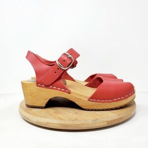 MIA Anja Clogs Womens 36 Red Leather Ankle Strap Peep Toe Wood Sole Shoes‎